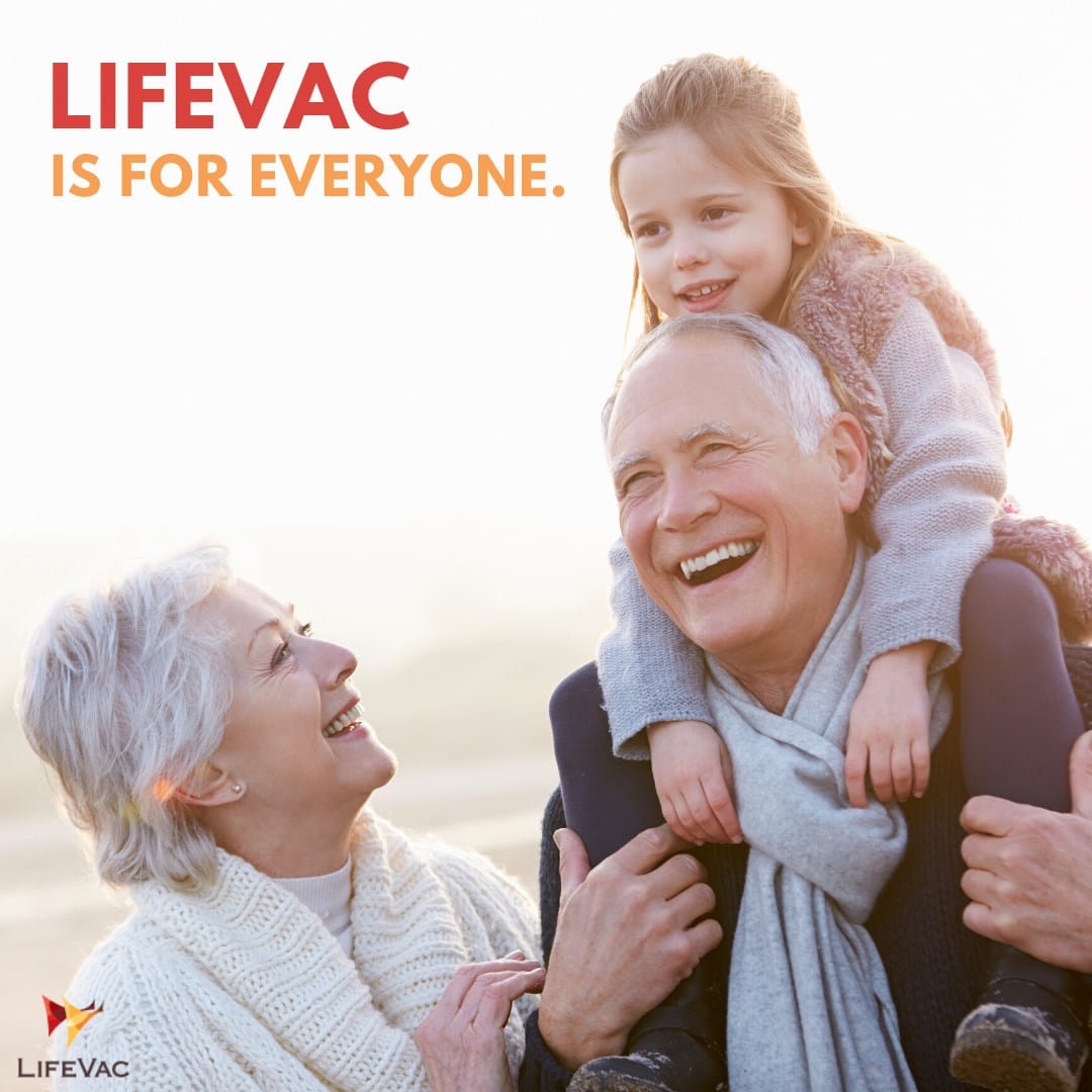 An image of grandparents with a little girl showing that the choking plunger is for all ages