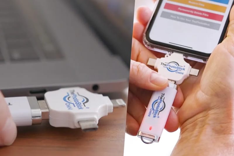 Smiling woman using the PhotoStick Omni to protect family memories and photo libraries