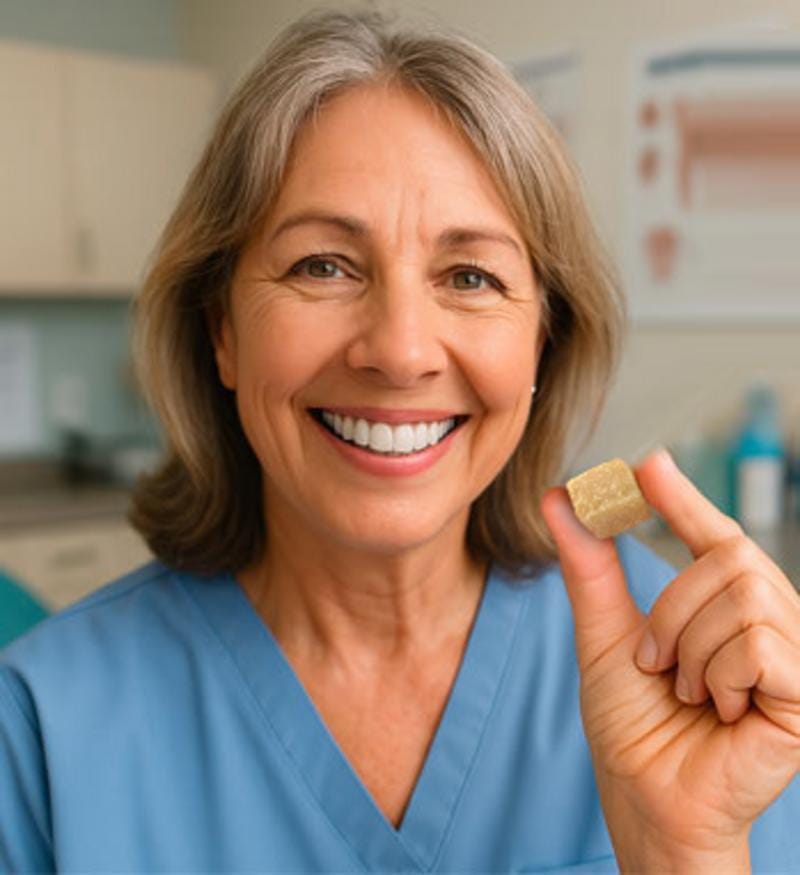 Dental hygienist holding Larineco gum to prevent cavity and tooth decay