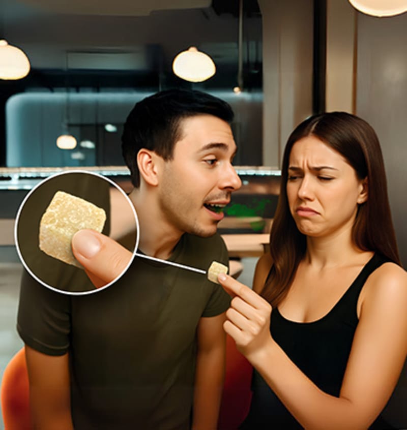 Woman giving man Larineco gum to prevent cavity and tooth decay to prevent bad breath
