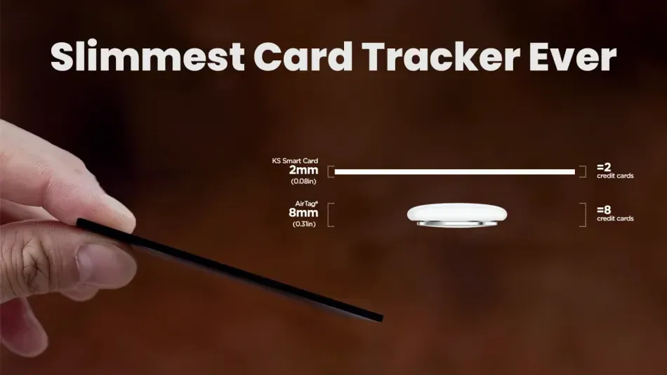 a diagram of the wallet tracking device being thinner than an Air Tag