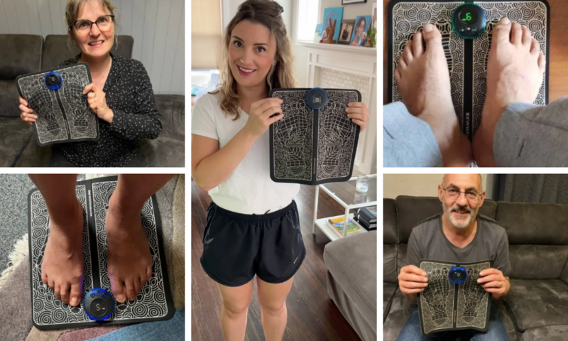 Collage of people using TheraFoot Pro to relieve neuropathy, foot and leg pain, edema swelling