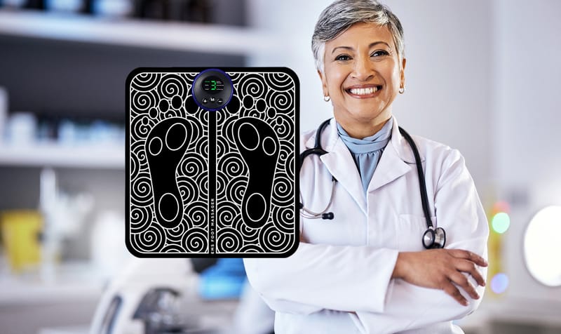 Friendly doctor recommending TheraFoot Pro to relieve neuropathy, foot and leg pain, edema swelling