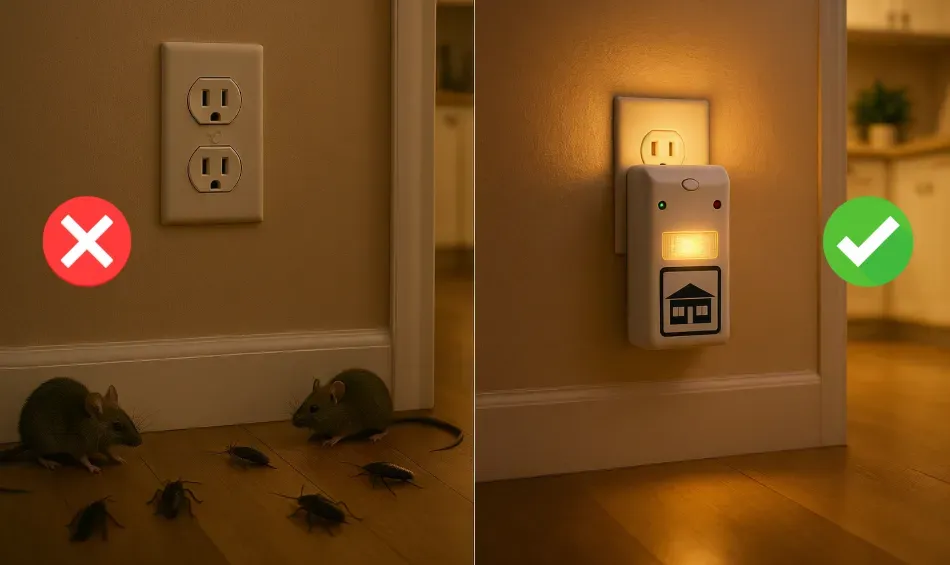 pesticide control of a split screen with rodents on the left before the Riddex plug after no pests