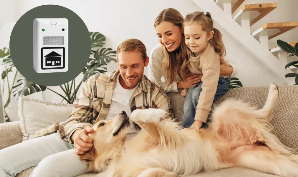 a happy family with their dog on the coach thanks to riddex control pest control