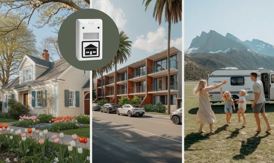 three split images showing that you can take the pest and control with you home, hotels, and rv's