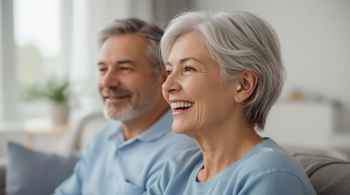 Senior couple enjoying conversation with Audien Atom 2 hearing aids