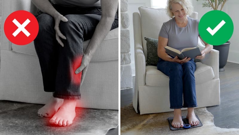 Older woman using TheraFoot Pro to relieve neuropathy, foot and leg pain, edema swelling